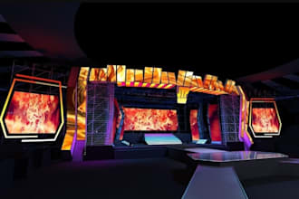 create 3d stage design, virtual event stage, trade booth shows, exhibition