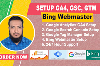 setup or fix google analytics, search console, tag manager, bing webmaster