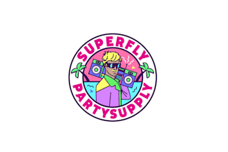 design playful neon colors super fly party supply logo