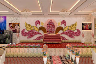 render custom 3d interior design wedding stage, event center,3d hall walkthrough