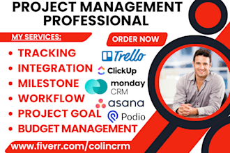 setup project management monday crm trello asana clickup jira faviro podio paymo
