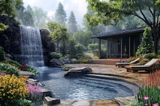 draw garden for backyard, courtyard, pool, landscape