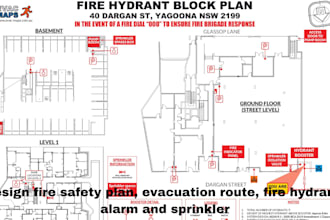 design fire safety plan, evacuation route, fire hydrant, alarm and sprinkler