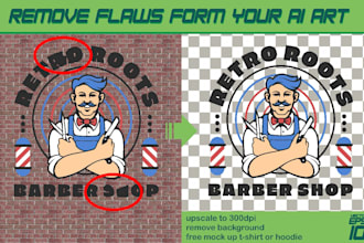 fix ai flaws, remove background, upscale to 300dpi and eps10