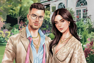 draw cute couple portrait watercolor illustration