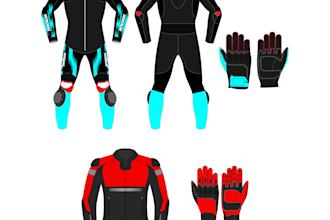 design motorcycle suits, denim and leather jackets, gloves