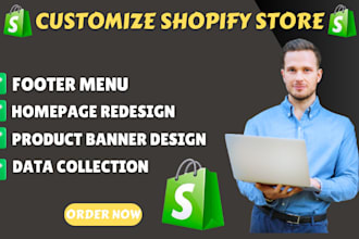 fix, customize shopify footermenu, redesign homepage, product banner