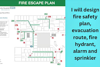 design fire safety plan, evacuation route, fire hydrant, alarm and sprinkler