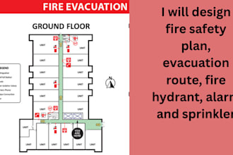 design fire safety plan, evacuation route, fire hydrant, alarm and sprink