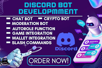 build discord bot, autorole chatbot moderation, game integration, crypto wallet