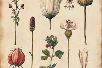 draw botanical illustrations of flowers, plants, fruits