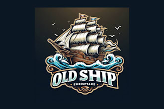 design an old ship with waves mascot logo for your brand