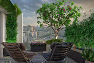 do landscape, garden, backyard, swimming pool, terrace realistic render images