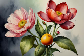 paint watercolor botanical illustration of flowers, plants, fruits