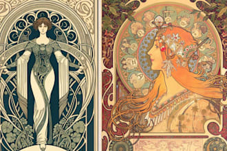 draw art nouveau illustration, art deco, retro vintage comic art, tarot card