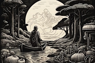 draw detailed dark art with woodcut or linocut style