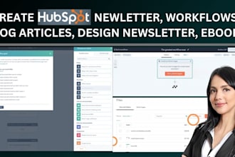create hubspot newsletter, workflows, blog articles, design newsletter, ebooks