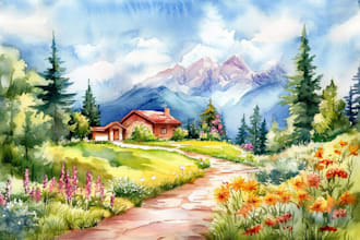 make a landscape scenery in watercolor illustration
