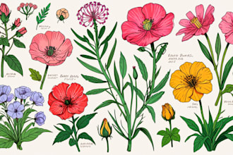 draw botanical illustrations of flowers, plants, fruits