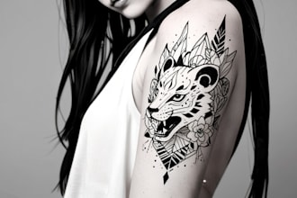 draw black and white geometric tattoos, flowers, animal portrait tattoo