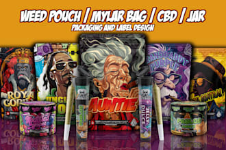 design unique weed pouch, mylar bag, pre roll, jar and cbd product labels