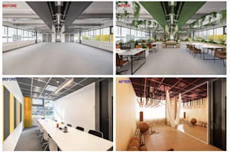 design or render realistic 3d interior office design, break room and pantry