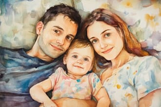 draw a family portrait with realistic watercolor style