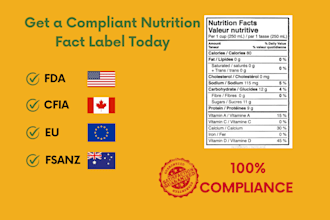 fda, cfia, eu, fsanz compliant nutrition facts label