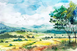 draw watercolor landscape scenery hand drawing illustration