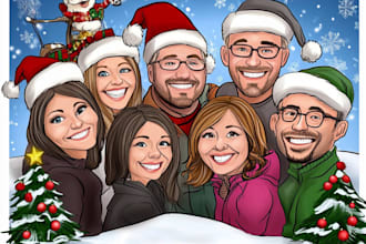 draw your group christmas, holiday cartoon caricature card