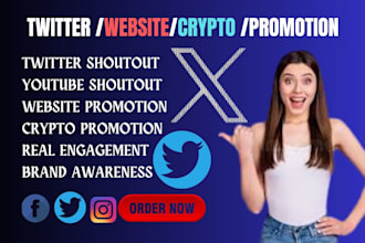 do twitter promotion, shoutout, website sharelink,to 100m, ig,yt,fb, crypto user