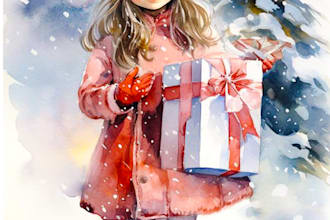 draw christmas children story book illustration in watercolor style