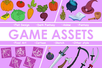 create custom 2d game assets, objects, icons, props and pack