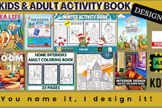do custom kids activity book, kids and adult coloring book cover design for KDP