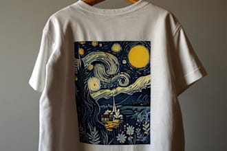 design a beautiful linocut t shirt in my art style