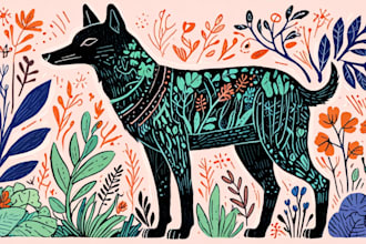make animal and botanical linocut doodle illustration