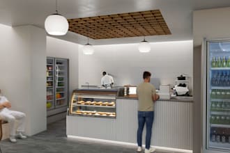 do design and 3d rendering for your cafe and coffee shop, library, bookstore