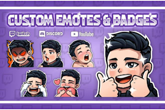 design twitch overlay, streaming chibi emotes, mascot logo, sub badges, banner
