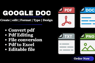create or fix document in google doc PDF to excel, slides,design microsoft word