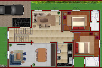 do 3d floor plans, rendering of exterior and interior of house plans in sketchup