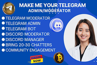 do crypto and telegram moderator discord manager ads stickers with 20 chatters