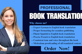 do book translation from french, german, and spanish into polished UK english