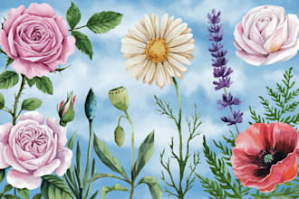 watercolor botanical illustrations of flowers and plants