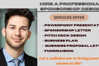 design a royal sponsorship powerpoint, investor pitch deck proposal, and letter