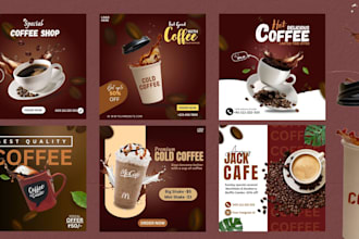 create food social media post, coffee, pizza , burger