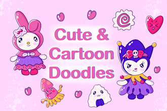 draw cute doodle art illustration, cartoon and stickers