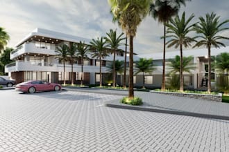 rebuild 3d luxury hotel, exterior design ,landscape design, walkthrough, 3ds max