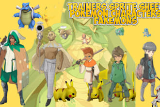 custom pokemon art, fakemon sprite sheet, pokemon trainer, gamecard, danganronpa