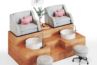 do interior decor for beauty salon, 3d spa room modelling, barber shop interior