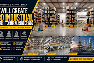 create 3d warehouse, factory, refinery and industrial architectural renderings